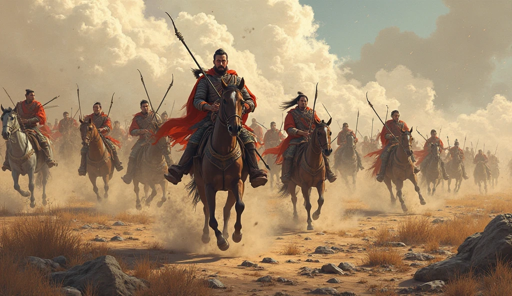 ancient Chinese battlefield,The Huns,Nomadic Tribes ,Horseback Peoples,cavalry,Weapon: Bow,wilderness,sparks,illustrations