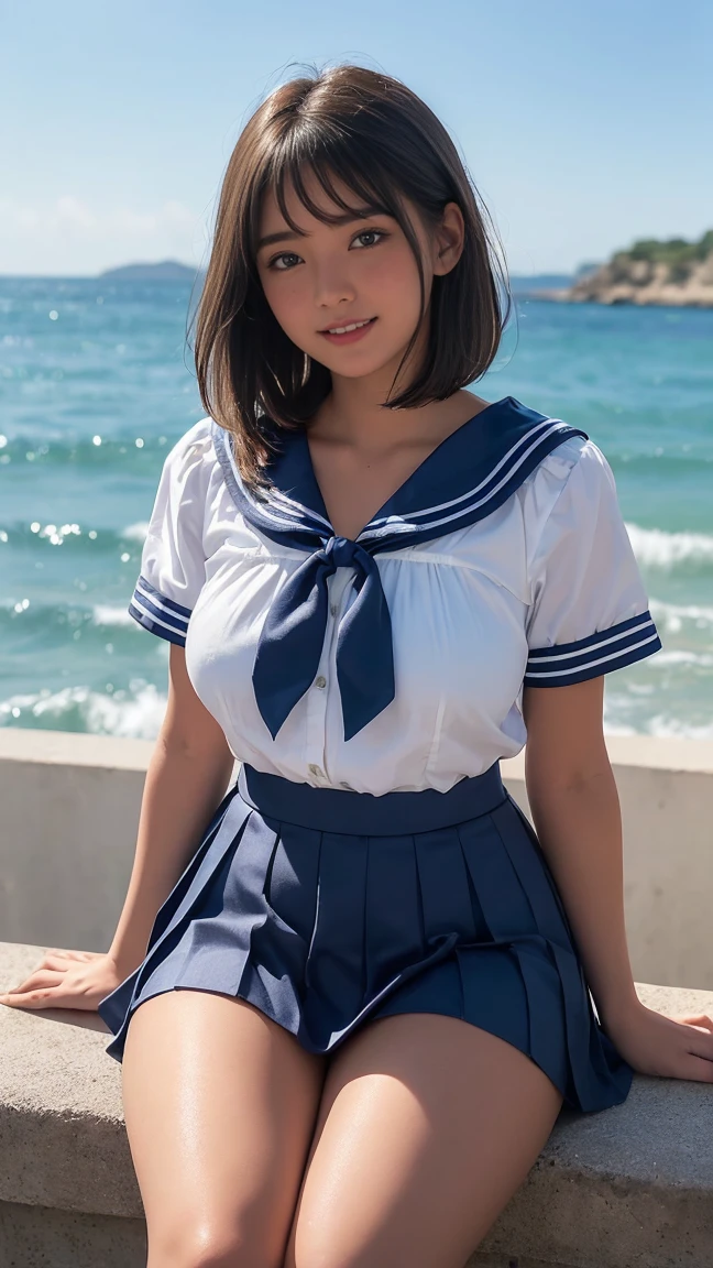 sailor suit, half naked, big nipples, big areola, very big boobs, Spread your legs and show your crotch, clitoris, Very short pleated skirt, labia minora, short hair, baby face, smile, Good alignment of teeth,