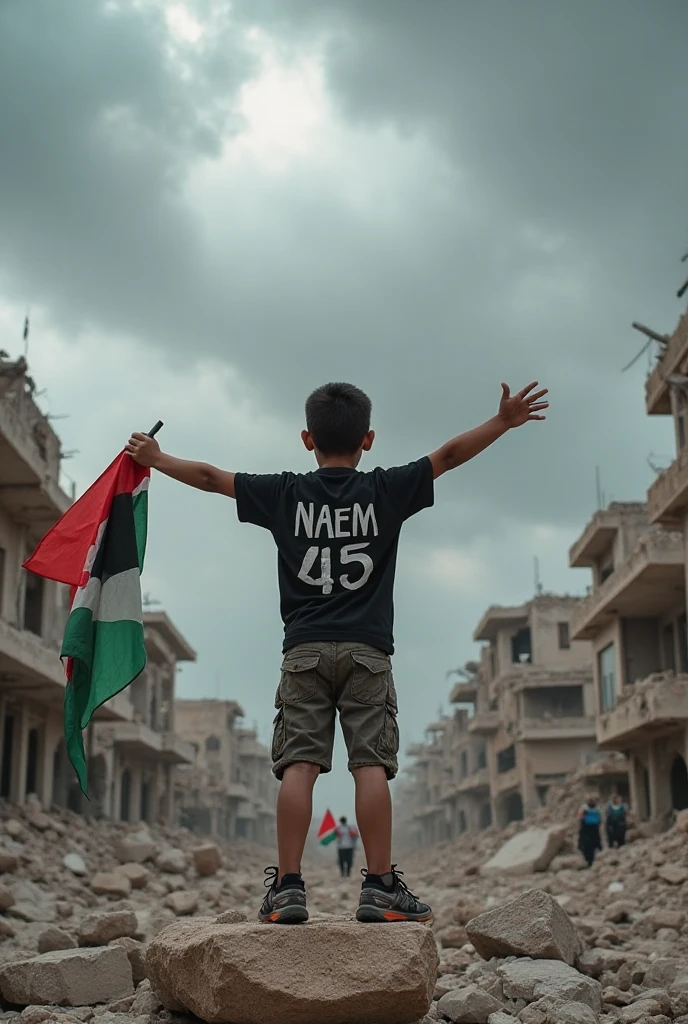 Please create photo for a 7years palestinian kid holding palestine flag and crying in war situation