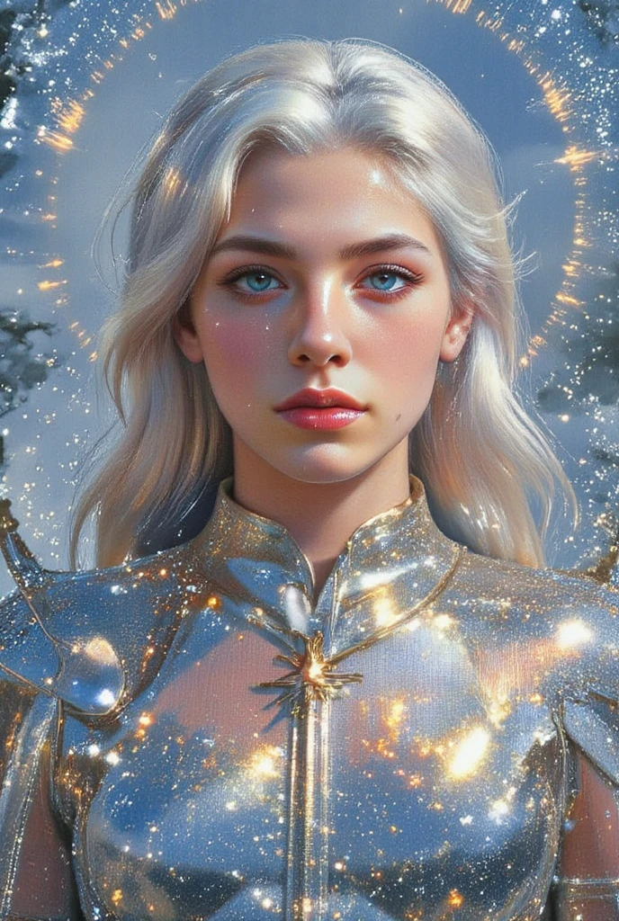 Close-up portrait of a young woman with striking, ethereal beauty.  Light-skinned, with a youthful appearance, she possesses striking blue eyes and full, rosy lips.  A wistful expression, almost melancholic, graces her face.  Her long, flowing white hair, almost translucent, frames her face, creating a halo-like effect.  Her attire is a shimmering, golden, ornate, almost metallic, structure that seems to flow along her body, like a sculpted armor overlaid with a sheer, translucent fabric. The gold details catch and reflect light, creating a dynamic interplay of light and shadow. The image uses a soft, diffused light that highlights the character's features, enhancing the dreamlike and surreal quality.  A misty, ethereal glow surrounds her, with golden sparks and shimmering, icy textures radiating out, blending into a soft gray-white background.  Composition is centered on the woman, emphasizing her face and emotional expression.  The background, diffused and out of focus, enhances the subject.  The style is contemporary fantasy art, imbued with a delicate mood of mystery and wonder.  The overall atmosphere is serene, dreamy, and evocative of a mythical being.  The vibrant details and the interplay of light and shadow create a visually rich and captivating image.