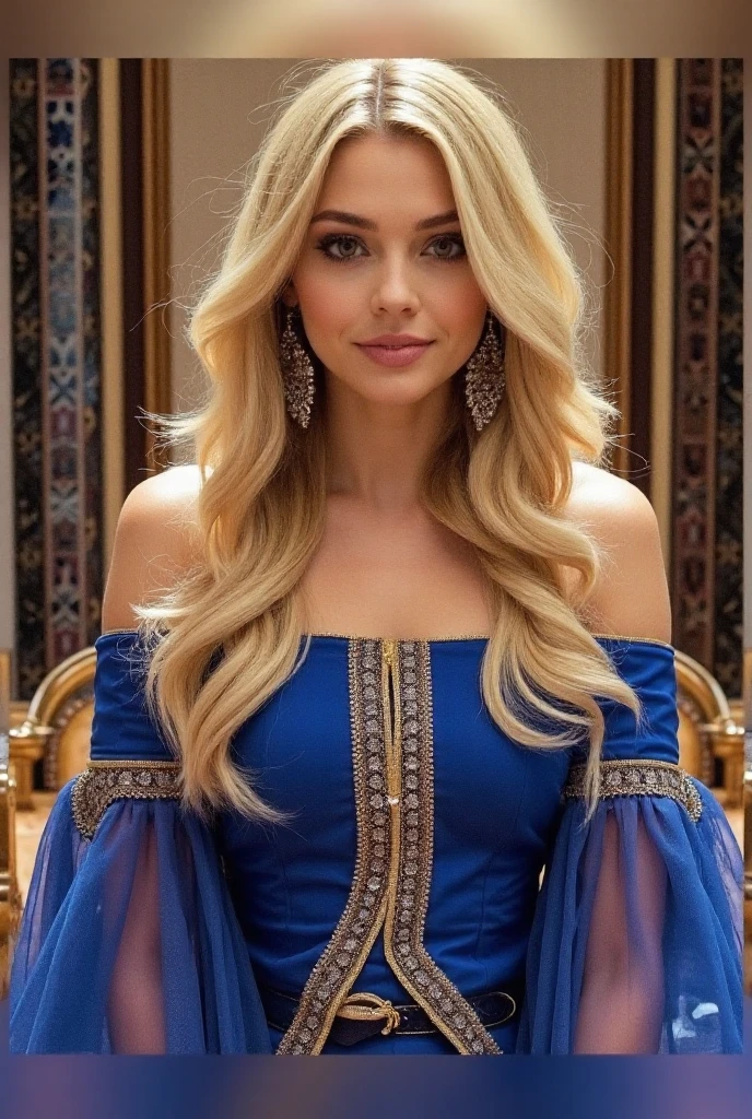 (masterpiece), best quality, expressive eyes, perfect face, 1 girl, big eyes, looking at viewer, large breast, big breast, bigger breast, macromastia, super big boobs, small waist, smooth skin, mouth half open, Best Quality, Realistic, portrait, perfect figure, highly detailed, wearing a tiara, in a castle, princess gown, diamond necklace, blue eyes, blue & gold gown, wavy blonde hair, in a big hallway, high ceilings, throne, very long wavy hair, very short skirt, flowers in hair