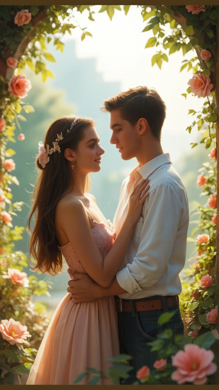 A boy kissing a girl on her forehead. And girl looks at his eyes,they are standing in beautiful garden and the weather is nice and pleasant day