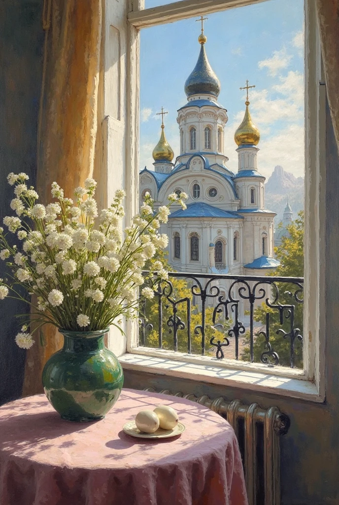 The painting shows the view from the balcony of a Russian church and on the balcony there is a table and on the table on the left there is a bouquet of white willow in an Easter vase,  painted in Russian painting traditions in oil as in paintings
