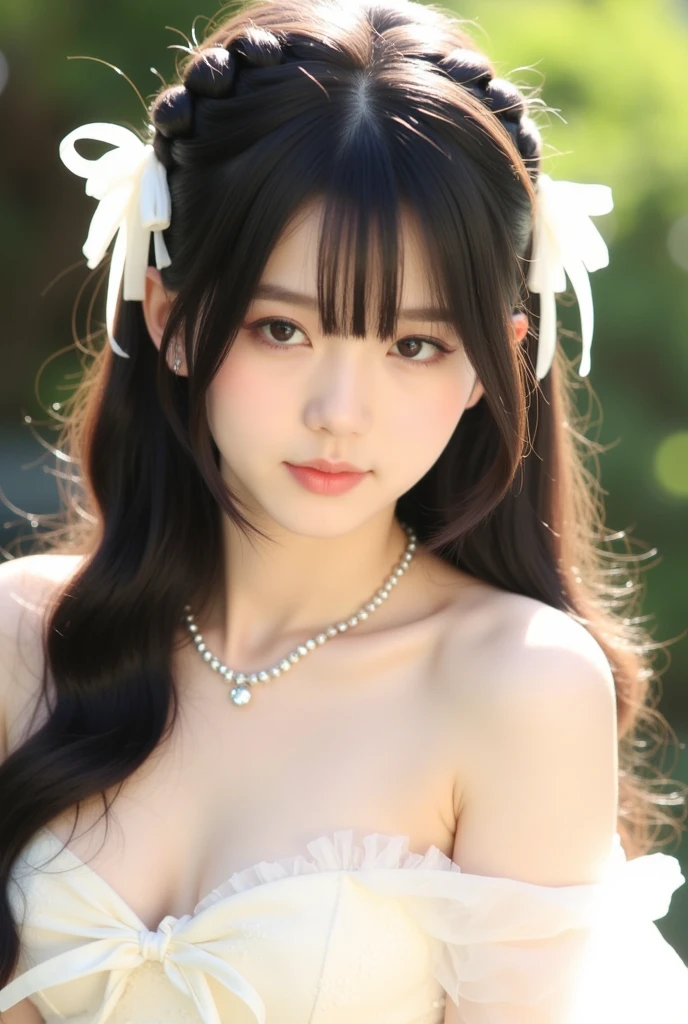 1girl, animal ears, bangs, bare shoulders, black hair, breasts, cat ears, cleavage, flower, from side, hair flower, hair ornament, indoors, lips, long hair, looking at viewer, medium breasts, nose, realistic, solo, upper body, white flower, window,