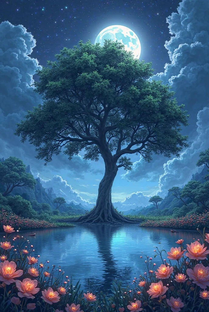 Create an ultra hd anime image of a huge tree standing in the middle of a ground and the moon is spreading moonlight in a magical way that everything seems ethereal and there is a reflection in the water of pond there are also beautiful flowers around the pond sparkling with the beam of moonlight 