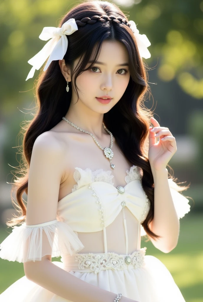 aanagato, long hair, Headgear, hairband, collar, bare shoulders, crop top, elbow gloves, fingerless gloves, black gloves, midriff, pleated skirt, white skirt, garter straps, thighhighs（Quality Improvement：1.4），1 Girl, Full breasts，Visible cleavage，Sexy long legs，The skirt is very short，She gently lifted her skirt with one hand,Surrounded by white Phalaenopsis orchids，Lilac dendrobium、White Lily, Flying petals，（Top quality leather), Delicate face,Black Hair, Gradient hair, Body,（Body1.1）, He has a precious gem on his forehead.., outstanding student，Long eyelashes,Smile, Surrealism, Movie Lighting, Projection Insert, Surrealism, Ultra HD, masterpiece，lie，Keep dreaming，Open your legs slightly.，Tattoo，Fantasy Space，Luxurious space，Exquisite makeup，blush，Shy expression