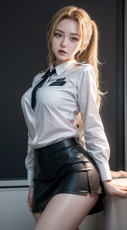 actual, high resolution, Luz outfit,1 female, alone, buttocks up, shiny skin, (detailed face),tattoo, jewelry, secretary, Bright white shirt, Negro skirt, negro, Luminous garter belt, evening, Shiny golden hair, chinos, beautiful soldier, catch the audience's eyes, lover'The opinion of, Attractive appearance, sexy smile, Perfect style, perfect balance, delicate skin, mischievous look, I can see your ,model style,Randomly posed,Random shooting angle