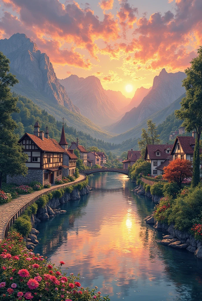 A small town by the river, mountains in the background, colorful floral flowers, detailed landscape, beautiful natural landscapes, atmospheric lighting, scorching sunset, warm colors, practical, photographic, detailed foliage, complex buildings, cobblestone street, charming country house, vibrant colors, lush vegetation, reflections in the water,  picturesque, idyllic, artwork, photos, 8K, extremely detached, anime style, Make me a very cocky brunette Futanari