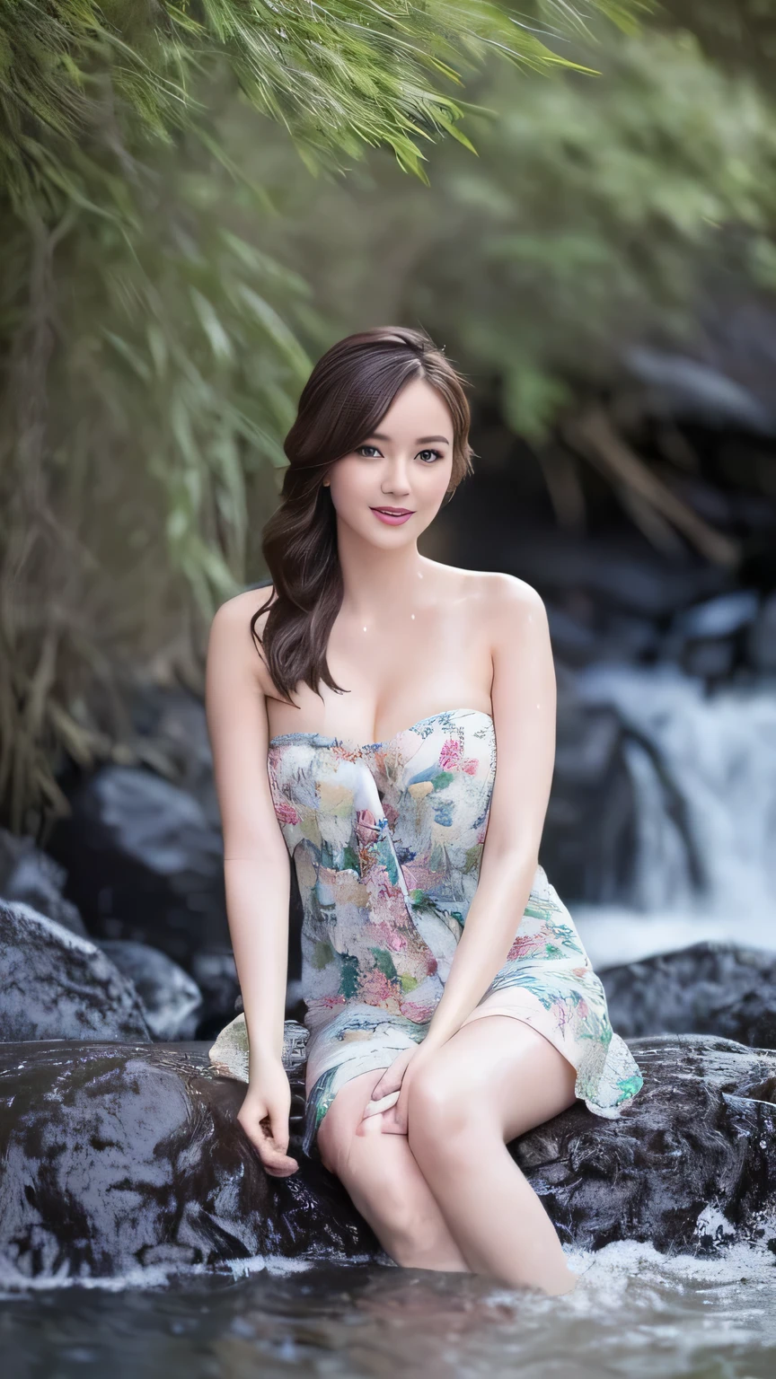 (best quality, masterpiece:1.2), very detailed, (realistic:1.37), beautiful, young, glamorous model (detailed eyes, detailed lips, extremely detailed eyes), sweet girl clothes 4,strapless dress,bijouterie,sit under the waterfall, sitting on a rock by the river, rock or temple, surrounded by bridges, Shooting myself in the knee, White and floral colors, showing a bright smile, slim body, long legs, Creates a breathtaking depiction of a girl enjoying the water., realistic waterfalls, wet clothes and hair, Shining sunshine, lush greenery, refreshing mist,(Close-up cleavage)On a vibrant autumn afternoon,8K high-definition painting shows a 1 girl。She is wearing a white tight dress,Sitting quietly on the big moss-covered stone in the bamboo forest。Sunlight shines,Her smile is like the autumn sunshine,Full of youthful vitality。Surrounding bamboo forest、The gurgling river water together forms a beautiful picture,Telling about the autumn afternoon time。
