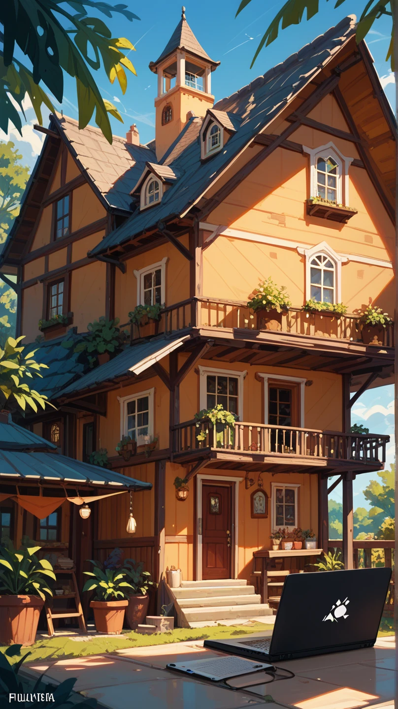 generate a gen z african young man using a laptop in a small setup of a house