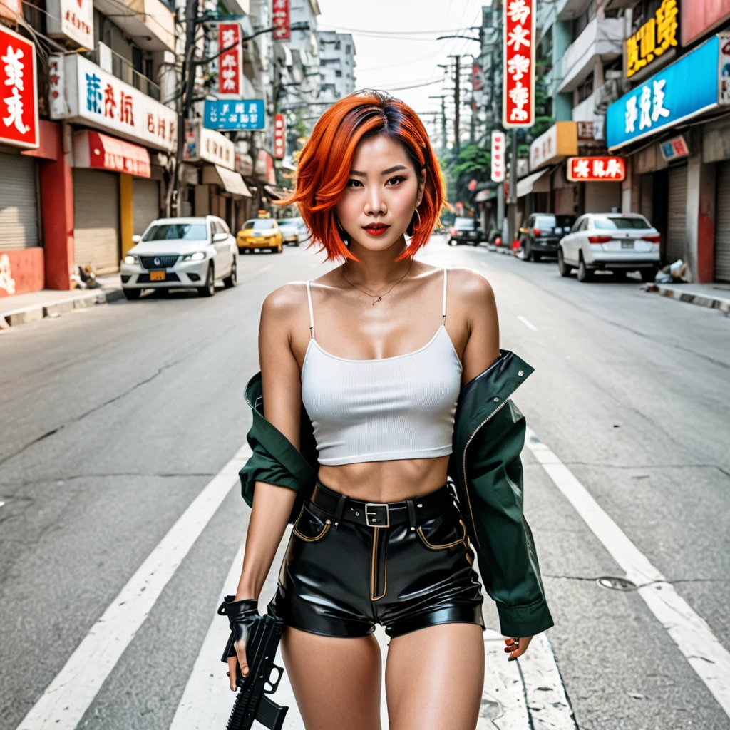 skinny asian woman with large breasts and red hair worn pig tails wearing black cargo pants, high heals and a white bikini top, photorealistic, standing