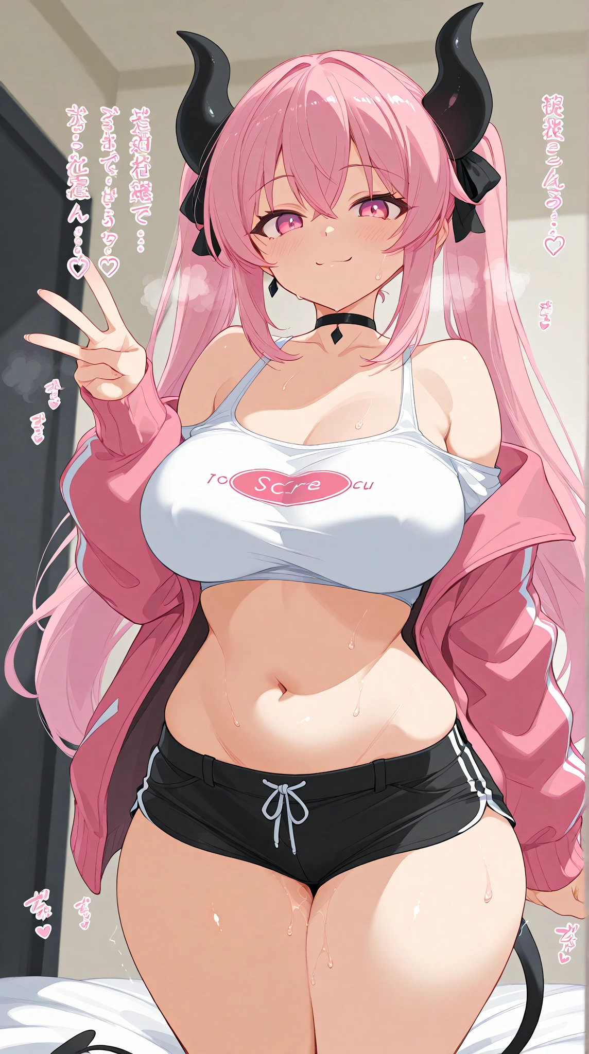 masterpiece, best quality:1.2), breast focus, 1girl, pink hair, long hair, hair ornament, hair cubes, pink track suit jacket, upskirt, scared, long eyelashes, huge breasts, breasts apart, sagging breasts:1.2), cleft of venus, skirt lift, BREAK, (sweat, steaming body, shiny skin:1.2), stage, crowd, audience, people, (light particles, lens flare)