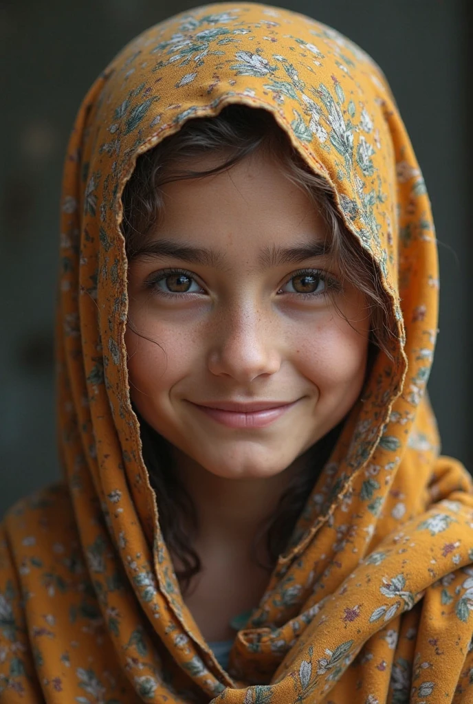 Mugshots, straight angle, big striking blue eyes, crafty smile, pretty and cute 15 year old girl, pale white skin, rosy cheeks, messy long dark, look innocent and beautiful, old shawl, Damascus market at night