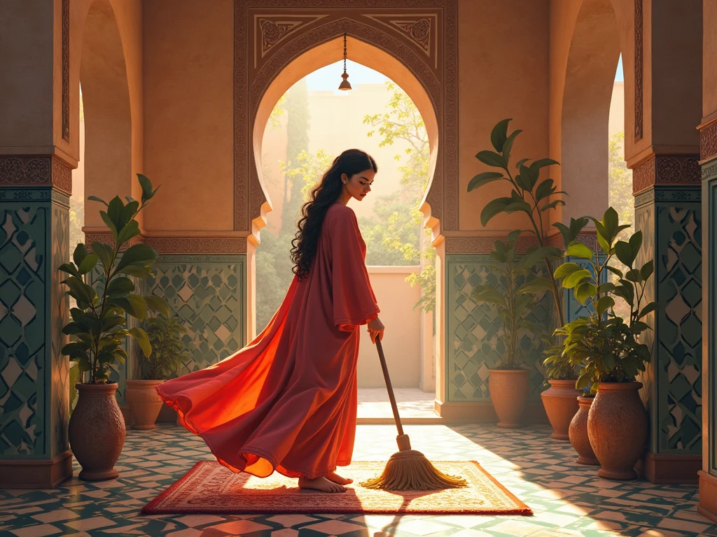 A young woman in traditional Moroccan dress cleaning and sweeping the house