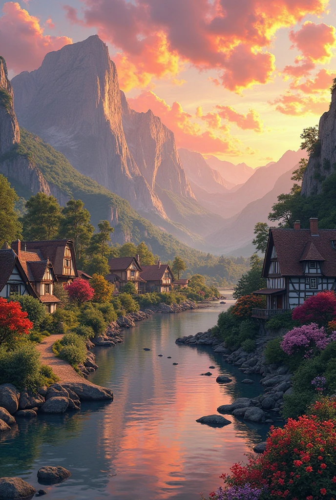 a small village by the river, mountains in the background, floral flowers colorful, detailed landscape, Beautiful natural landscapes, atmospheric lighting, scorching sunset, warm colours, practical, photopractical, Detailed Foliage, complex buildings, cobblestone street, Charming country house, swirly vibrant colors, lush vegetation, Still water reflections, Picturesque, idyllic, work of art, best qualityer, 8k, extremely detaild,anime styling