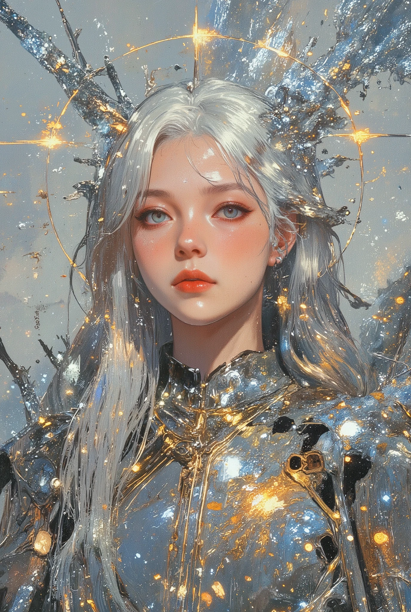 Close-up portrait of a young woman with striking, ethereal beauty. Light-skinned, with a youthful appearance, she possesses striking blue eyes and full, rosy lips. A wistful expression, almost melancholic, graces her face. Her long, flowing white hair, almost translucent, frames her face, creating a halo-like effect. Her attire is a shimmering, golden, ornate, almost metallic, structure that seems to flow along her body, like a sculpted armor overlaid with a sheer, translucent fabric. The gold details catch and reflect light, creating a dynamic interplay of light and shadow. The image uses a soft, diffused light that highlights the character's features, enhancing the dreamlike and surreal quality. A misty, ethereal glow surrounds her, with golden sparks and shimmering, icy textures radiating out, blending into a soft gray-white background. Composition is centered on the woman, emphasizing her face and emotional expression. The background, diffused and out of focus, enhances the subject. The style is contemporary fantasy art, imbued with a delicate mood of mystery and wonder. The overall atmosphere is serene, dreamy, and evocative of a mythical being. The vibrant details and the interplay of light and shadow create a visually rich and captivating image.