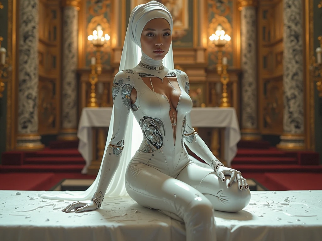 A Mesmerizing Monochrome Masterpiece: A Graceful Swedish Albinic Model Stands Elegantly in a Pristine White Chamber. Her Striking Pink Eyes Captivate the Spectator as She Confidently Poses in a Vintage Glamorous White Disco Ensemble. Adorned in a Shimmering Mesh Jumpsuit, White Leather Boots, and a Dazzling Cape, she Exudes an Aura of Elegance and Distinction. Her Shaved Head Contrasts with the Pristine Surroundings, while a Red Velvet Choker Around Her Wrist Adds a Touch of Distinction. The Minimalist Background Accents her Presence