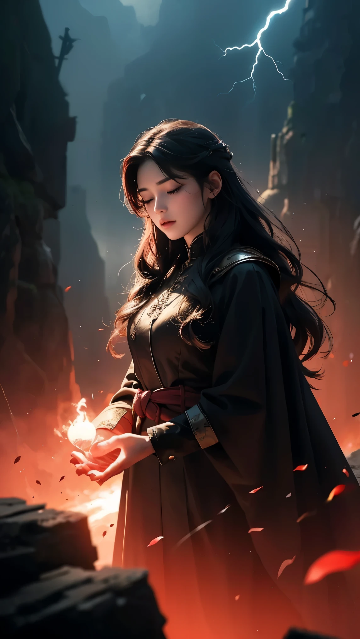 masterpiece, perfect image, Realistic dark fantasy illustration, 최고 품질의 진정한 masterpiece, carefully drawn, super high resolution, 8k, very detailed description.  Eastern European handsome man and beautiful woman . On a cliff where lightning strikes, The magic circle runs amok and the surroundings turn red. The mistress, who is engulfed in red aura, stands with her eyes closed, and, Her hair floats in the air like an explosion of emotion. Nam-joo, who knelt in front of her, clasps her hand tightly and looks at her with sincere eyes. The surroundings are distorted by unstable magic, but, a soft light spreads from the man's hands to calm Yeoju's feelings. A scene of control with love in the midst of chaos.
