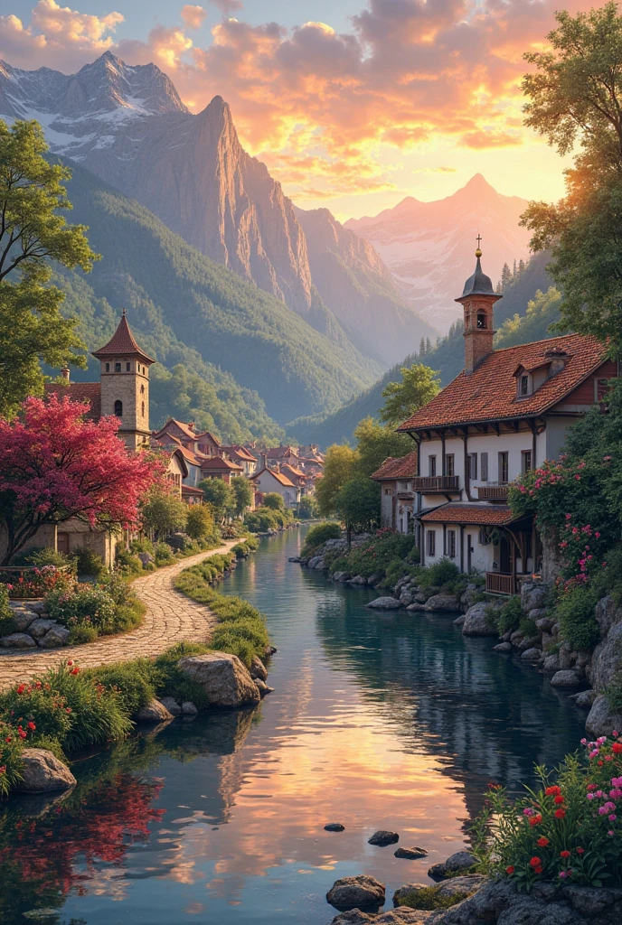 a small village by the river, mountains in the background, floral flowers colorful, detailed landscape, Beautiful natural landscapes, atmospheric lighting, scorching sunset, warm colours, practical, photopractical, Detailed Foliage, complex buildings, cobblestone street, Charming country house, swirly vibrant colors, lush vegetation, Still water reflections, Picturesque, idyllic, work of art, best qualityer, 8k, extremely detaild,anime styling
