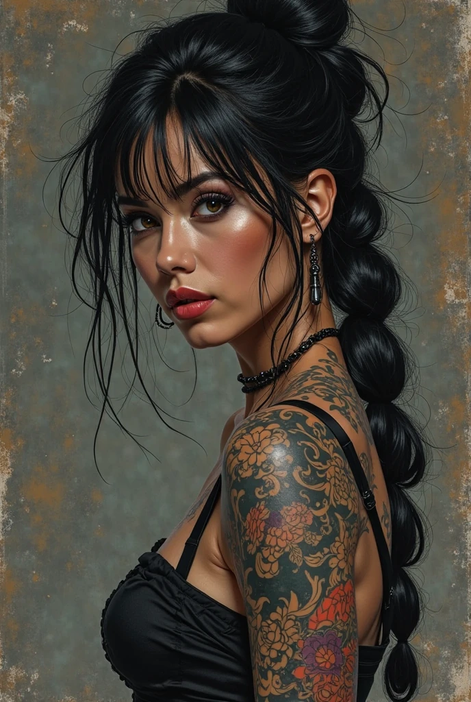 drawing woman, Dark skin, gray eyes, Japan, in worn color, Goddess, warrior, Norman Rockwell, tattooed, he would be, strong look, streets at night, black color, Dark, Samurai, punk,