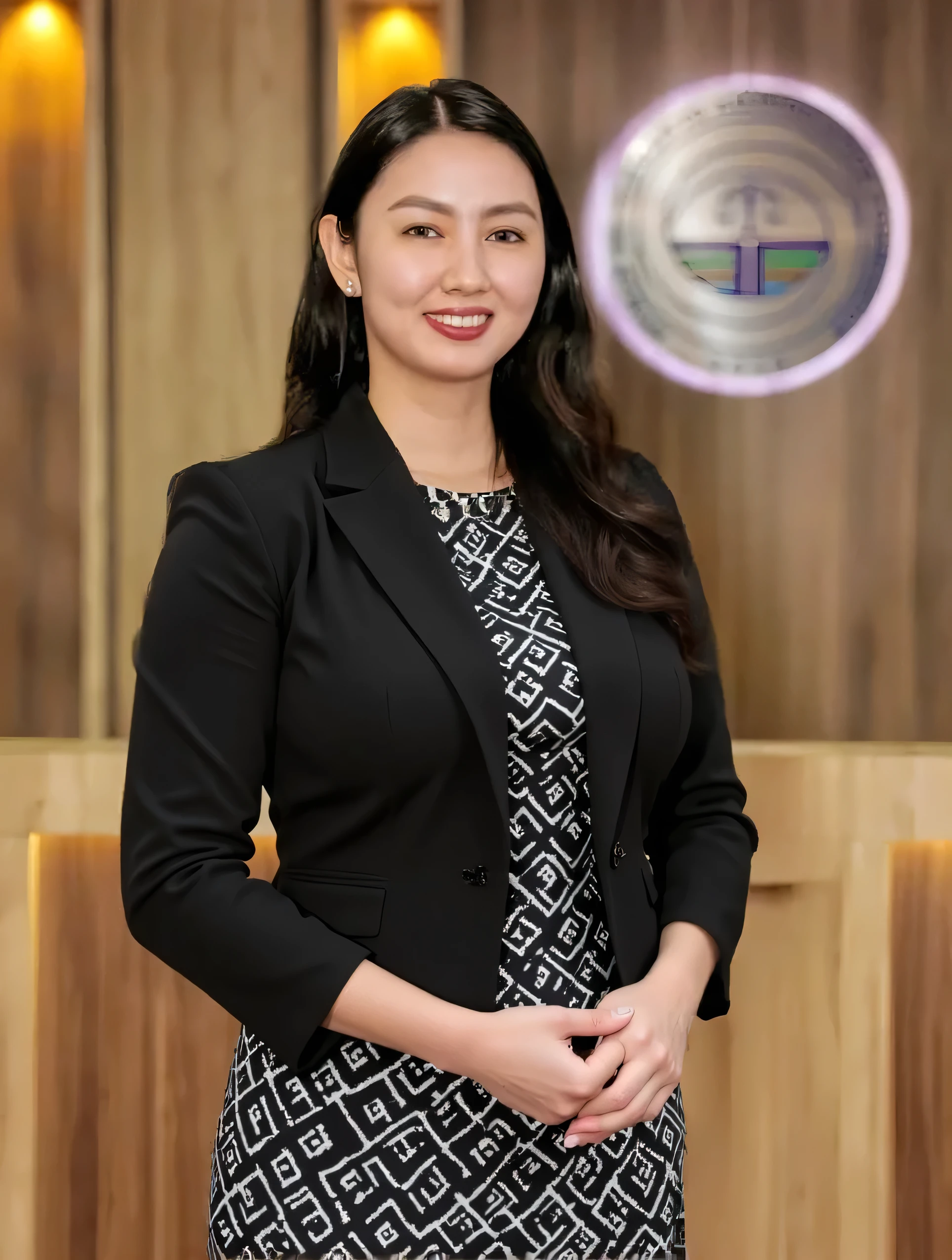 In the image, a woman is the central figure, standing confidently in front of a wooden wall. She is dressed in a black blazer and a black and white patterned dress with large and revealing cleavage showing her massive breasts and cleavage, adding a touch of elegance to her appearance. Her hands are clasped in front of her, suggesting a sense of readiness or anticipation.