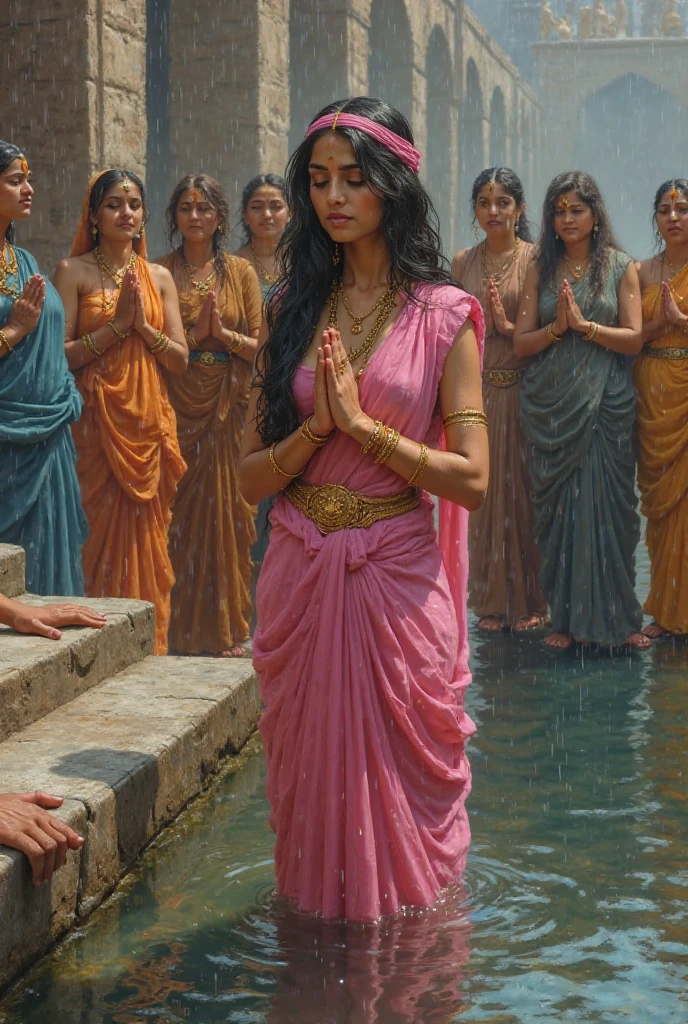 The scene depicts a group of women gathered near a body of water ...