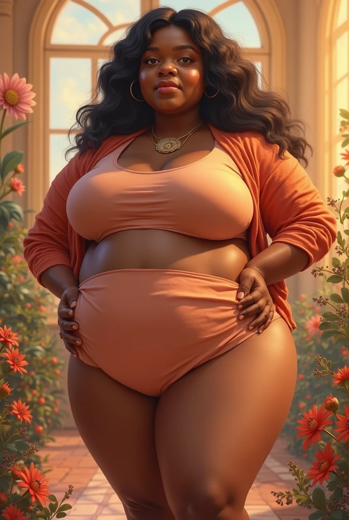 Black woman with curly hair dyed green colors, medium hair, realistic, black jacket, dark red t-shirt, dark blue jeans, squeezed would be looking forward, realistic , plump, fat, big ass, fat thighs, laying on the bed,