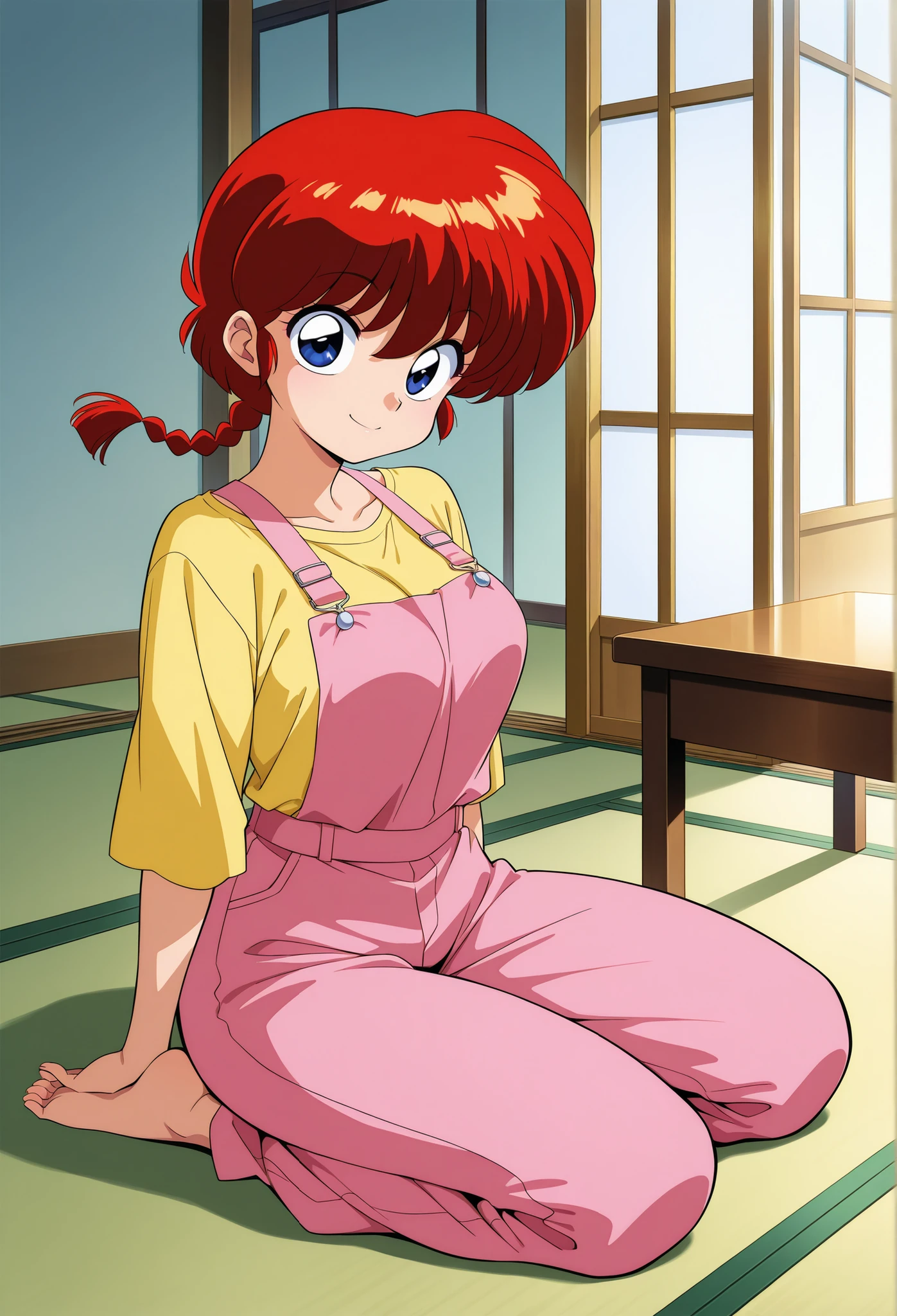 、score_9, score_8_up, score_7_up, score_6_up, score_5_up, score_4_up, digital illustration , solo, upper body, アニメstyle 、masterpiece, top quality, great quality, high resolution, absair dress, Very Aesthetic, high resolution, Super Detail, perfect detail, official art, No posts, レトロstyle, 1 girl, beautiful, solo, wet, Ranma \(Ranma style)\, red hair, single blade, dark eyes, big eyes, purple eyeliner、 sandy beach、masterpiece 、 top quality 、 newest 、 absurd 、 high resolution 、 detailed eyes 、 beautiful 、 detailed background 、 perfect eyes 、 ANIME COLORING 、masterpiece 、 top quality 、 newest 、 absurd 、 high resolution 、 detailed eyes 、 beautiful 、 detailed background 、 perfect eyes 、 ANIME COLORING 、 レトロなアートstyle 、 1990s\(style\) 、 1 girl 、 solo 、 Ranma-chan 、 yellow t-shirt 、 long sleeve 、 pink overalls 、 letter 、 bare feet 、 Look Who Sees 、 smile 、 sitting 、 seiza 、 (indoor 、 living room、 tatami 、 tables 、 Shoji screen 、 veranda) 、