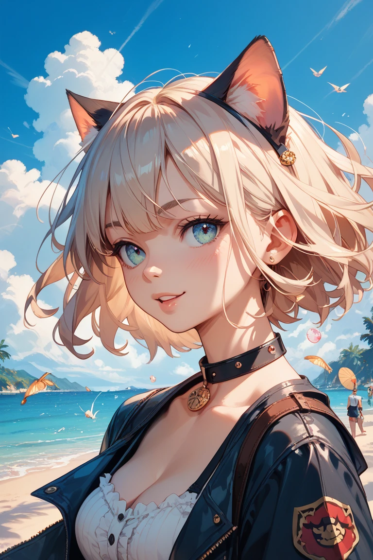 (masterpiece:1.2),best quality,(highres:1.2),(incredibly absurdres:1.4),(extremely detailed face:1.4),(highly detailed eyelash:1.6),highly detailed eyes,sharp details,high contrast,(shiny skin:1.2),beautiful fingers,elegant,elegant face, (childish women:1.2),thick body,sexy body,hanging breasts,(massive breasts:1.2),perfect round breast, face,1girl,animal,traven,indoor, black waiter suit,black border,blue eyes,breasts,cloud,day,medium breasts,lighthouse,bob hair,looking at viewer, cow girl costume,outdoors,pillarboxed,smile,solo,blue bob hair,blue hair, cat ears, details tail, bartender, npc, details fluffy cat ears, cute