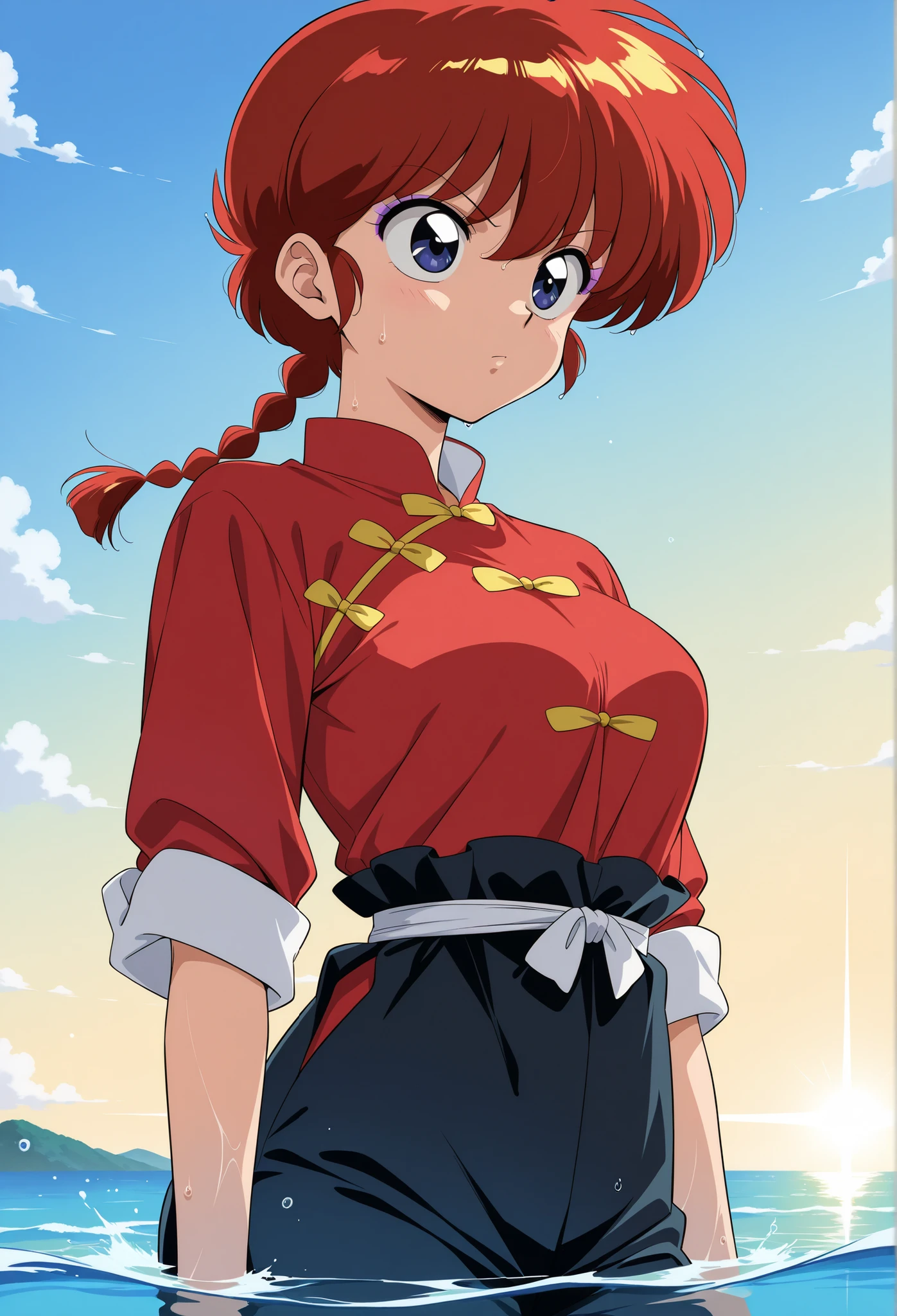 、score_9, score_8_up, score_7_up, score_6_up, score_5_up, score_4_up, digital illustration , solo, upper body, anime style 、masterpiece, top quality, great quality, high resolution, absair dress, Very Aesthetic, high resolution, Super Detail, perfect detail, official art, No posts, Retro Style, I'm looking at another, 1 girl, beautiful, solo, wet, Ranma \(Ranma style)\, red hair, single blade, dark eyes, big eyes, anger, strand, blue sky,purple eyeliner、 sandy beach、masterpiece 、 top quality 、 newest 、 absurd 、 high resolution 、 detailed eyes 、 beautiful 、 detailed background 、 perfect eyes 、 ANIME COLORING 、Chinese clothes 、 red shirt 、 (rolled up the sleeves:1 . 3) 、 black pants 、 partially submerged、Get Ready