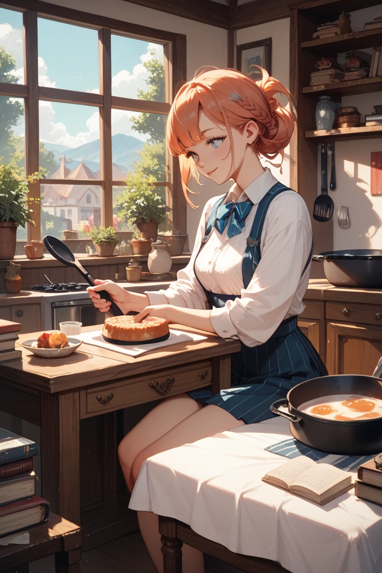 and a tablecloth on the long, narrow table。There is a frying pan and three books on it