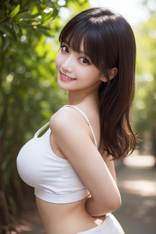 (((Highest quality)))　((masterpiece))　((Really beautiful girl))　14 years old　Talented girl　　(Cute face)　Idol-like face　clear　((Baby Face))　sexy　Slim figure　Outdoor　(Soft breasts)　(Large Breasts)　Emphasize the chest　(whole body)　He is short　smile　Creating Bangs