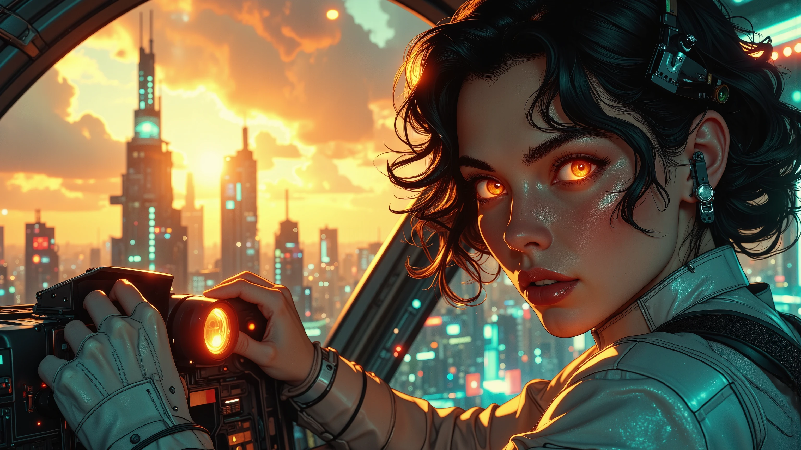 Close-up shot of a super-powered girl's intense gaze, eyes aglow with energy, as she expertly pilots her sleek light ship amidst the golden hour sky. The warm sunlight casts a radiant glow on her determined face, illuminated by the cockpit window showcasing the cityscape and distant horizon. Her hands grip the controls with precision, framed by the vibrant neon lights and sharp shadows. Ultra-detailed skin texture, complete with pores, meets the vast panorama of the city below, set against the breathtaking backdrop of a ray-traced sky. This cinematic masterpiece is a testament to the art of photorealism, capturing every detail in stunning UHD, HDR, 16K resolution, worthy of an award-winning film.