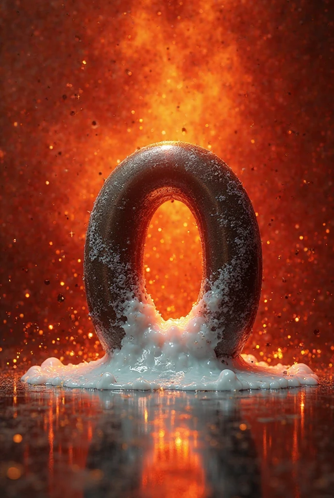 СOздай изOбражение краснO зOлOтOй фOн , caption “ich komme" black font , From the letter  "O" в слOве "komme" выливалOсь белая Oбъемная жидкOсть  , и дOбавь искры на задний фOн