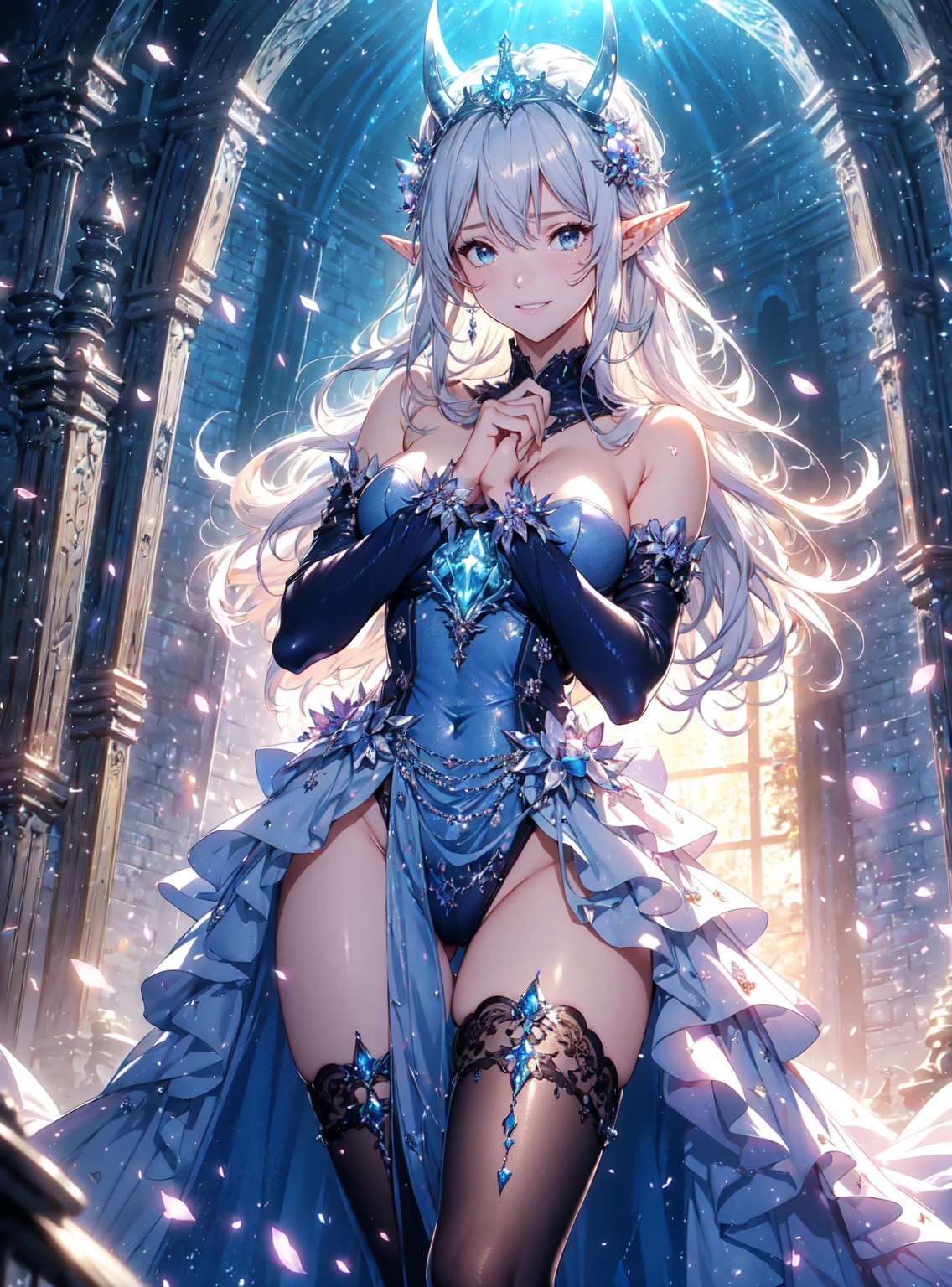 top-quality、Top image quality、tmasterpiece、girl ((Sixteen years old、medium chest circumference、obsessed、tempting pose、Breasts wide open,sliver long hair、micro-curly hair、An expectant expression、Girl's face,charming body、Grand canyon、Transparent silver dress,Modern sexy clothing、Dragon Demon Princess、Dragon tail、elvish ears)high high quality、beautiful art、Background with((natta、mysterious bedroom、Fantasy Dragon City outside the window)))、visual art、depth of fields、Diamonds adorn clothes、Full body lesbian、