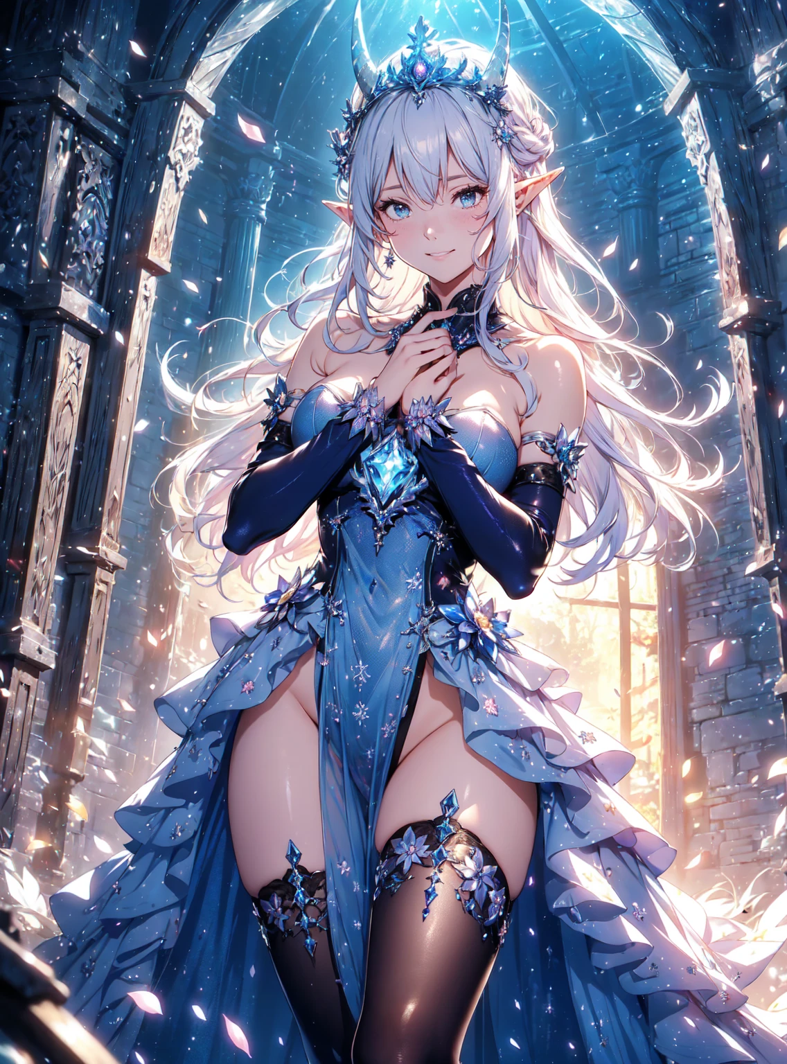 ((Realistic lighting,Top Quality,8k,masterpiece:1.3)),Clear focus:1.2,1 Giant breasts,Perfect beauty:1.4,Slim Abs:1.1,((Long dark white hair,big:1.2)),(Torn Dress:1.3,White transparent full leg stockings:1.2,Mesh transparent white panty interior,at night:1.1),Delicate face,double eyelid,Arrived,(Full body lying on bed: 1.2),To the camera,Raise your legs,Legs open,high quality,masterpiece,超A high resolution,(Realistic:1.4),RAW Photos,One girl,dark,Dark shading,Cold Light,Spread your legs,Arrived,White transparent panties、One Girl, alone, (((trapped in big crystal)))(trapped in crystal:1.7),((add eye details)), ((Add facial details)), crystal, star, Shine, beautiful night sky on background, moon, stars on background,diamond、たくさんのcrystalが付いた透けたドレス, fantasy sheer dress, A magical dress with a transparent chest, crystal製シースルードレス, Shine花の透明なドレスを着た女性, intricate fantasy sheer dress, transparent rainbow color, translucent intricate gown, Detailed translucent costume design, Translucent dress, A surprisingly young and mysterious person, Bejeweled Opal Statue, fantasy transparent costume, Made with dried flowers、Glasswork、glass slipper with gold and white flowers, 気まぐれIntricate details, intricate and elegant, beautiful detailed elegant, fairy tale style, ultra Intricate details, elegant. Very detailed, Complex and beautiful, golden Intricate details, Cinderella, side view Intricate details, Complex gold elements, Intricate details, intricate and detailed, 非常にIntricate details、So magical and dreamy, Blue and white tones, Relaxing environment, Fantastic and dreamy theme, Dreamy aesthetics, Quiet and peaceful atmosphere、attractive, thin,Nipples are visible、Large-size Exy S100, seductive lingerie camisole、a close up of a woman's underwear with a good and panties, bright blue shiny slutty transparent lingerie, lingerie, lingeries beauty, thin underwear, laced lingerie, lingerie!!, good, wearing sexy lingerie, goodlette, captivating and mesmerizing, Harness and Garters, lingeries, Very sexy
