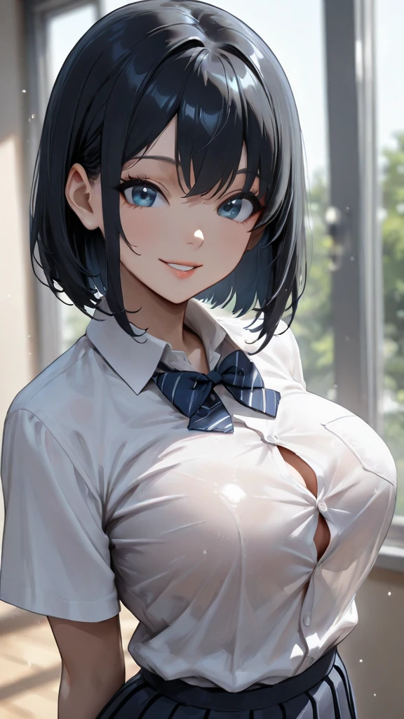 solo,juri han, work of art, tight white secretary shirt with black tie, black high waist skirt, short skirt, black hair, black tights,evil smile,office,franja nos olhos,lighting,chifre de cabelos,view from above,olhando para cima,maquiagem nos olhos