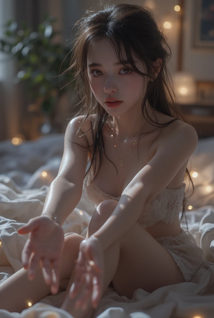 (Real: 1.5, Tabletop: 1.5, 8k), (Top Quality, Masterpiece, Ultra High Resolution), Perfect Dynamic Composition, Professional Camera Work: 1.4, Highly Detailed Skin and Face Texture: 1.3, Mysterious Portrait: 1.3, Glow Light Effect, Ultra Detailed, Alone Girl, ((Night View from Inside a Building, Pitch Black Room: 0.9, Night Moonlight Shining Through Glass)), ((Fully Naked)), Model Body, Clear Face, (Beautiful and Attractive Eyes: 0.9, Dreamy Expression: 1.0, I Love You with all my Heart: 0.8, Beautiful Erotic Taste: 0.7), (Wet Dark Brown Bob Cut), Candle, Big Breasts, Necklace, (Sitting on Bed, Sitting Cross-legged), ((Attractive Features)), Bed, Bedroom, Covered Nipples, ((Blush: 1.37)), No Panties, No Bra,, crossed arms, covering breasts, hands on own breasts, hands on own chest, (Accurate hands), Wariza