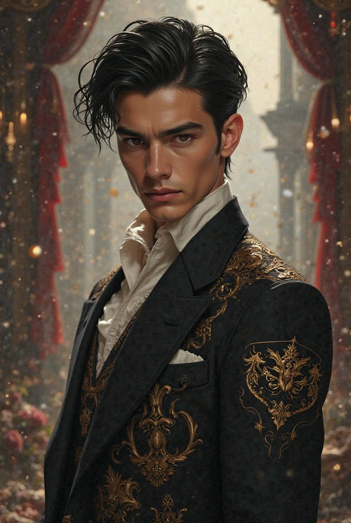 create a guy in his 17/18 with his black hair slicked back and his dark eyebrows and his hunter brown eyes. also wear him something fansy more royalish (anime)