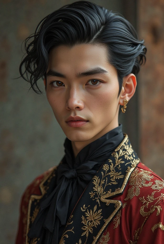 create a guy in his 17/18 with his black hair slicked back and his dark eyebrows and his hunter brown eyes. also wear him something fansy more royalish (anime)