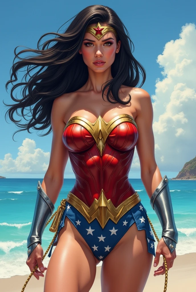 A beautiful and sexy Lynda Carter as Wonder Woman in her iconic 1970s costume, standing in a paradise island, detailed portrait, highly detailed face, penetrating eyes, detailed costume, elaborate accessories, dramatic lighting, cinematic, epic, colorful, vivid colors, dramatic composition, masterpiece, ultra-detailed, 8k, photorealistic