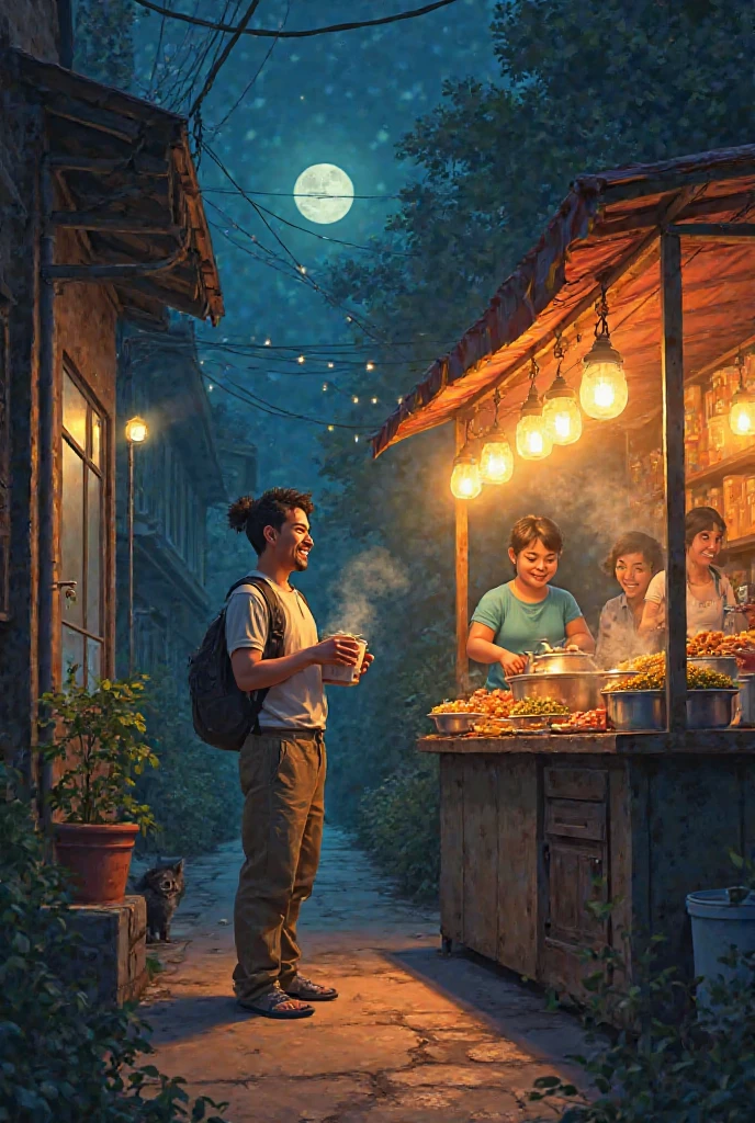 Create a vivid, atmospheric scene set at night. On the left, depict a dimly lit home interior during a power outage: a kitchen counter with uncooked vegetables, a flickering candle casting soft shadows, and a flashlight propped up to illuminate the room. Through a window, show a quiet, moonlit neighborhood. On the right, contrast this with a bustling roadside food stall bathed in warm, golden light from hanging string bulbs and lanterns. The stall overflows with steaming pots, skewers grilling over charcoal, and trays of vibrant street food (noodles, dumplings, fried snacks). Show the protagonist, holding a takeaway container, exchanging money with a smiling vendor. Add details like rising food aromas (visualized as wispy tendrils), other customers in the background, and a stray cat lurking near the stall. Blend realism with a touch of whimsy, emphasizing the cozy resilience of finding joy in unexpected places