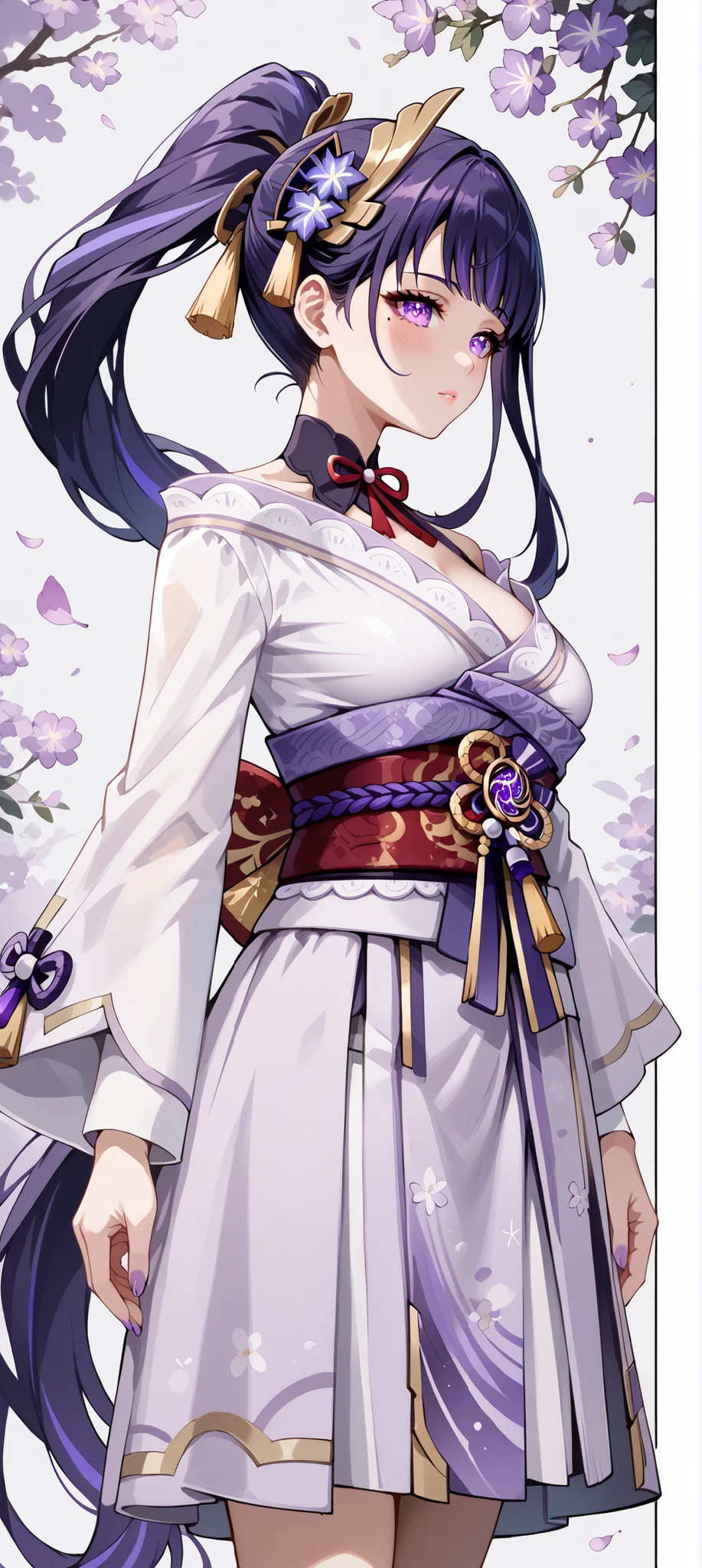 score_9, score_8_up, score_7_up, source_anime, 4K,perfect fingers,(perfect hands, perfect anatomy),prefect lighting, very aesthetic, intricate details,highly detailed background, masterpiece, high quality, best quality,
raidenshogun, raiden shogun, ((ponytail hair:1.5)), hair flower, hair ornament, long hair, mole, mole under eye, purple eyes, purple flower, purple hair, large breasts,,
wearing ((skirt, )),,
A sagging breast,