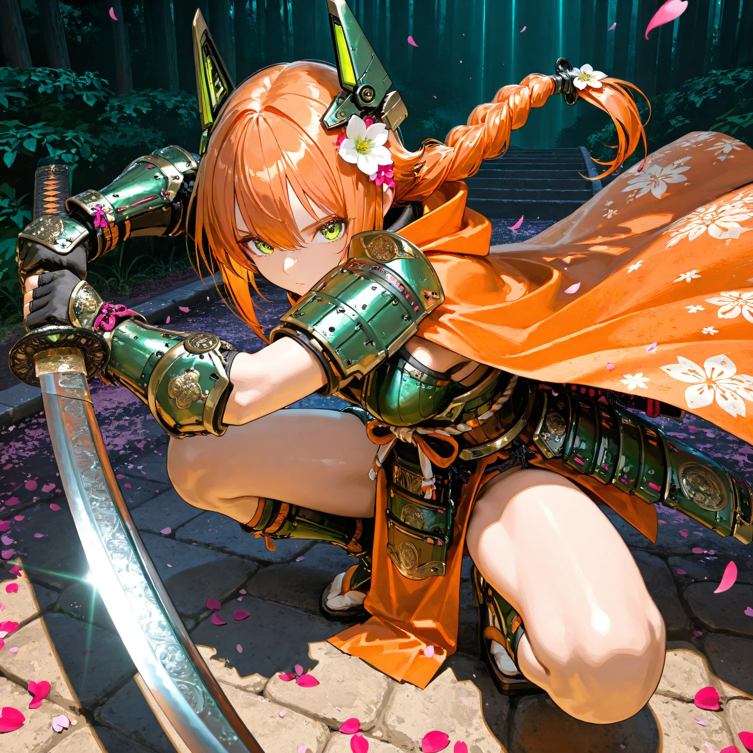 （NSFW:1.5）,masterpiece, top quality, great quality, very aesthetic, high resolution, super detailed, Absard Dress、 newest, Volume Lighting,  Scenery, Official Art,
general, Engraved, Sculpture, threat, 1 woman、Age 10、full body、samurai、naked only in the crotch、swords、orange hair,braided ponytails、thin macho、
weapons, (Katana,:1.2) holding, holding weapons, holding sword, holding Katana, Engraved Katana, fighting stance,  hands,
solo, watching viewers, (headgear,:1.2) Saishi,
Japanese armor, copper, side light,
green eyes, orange hair, hair ornament, gloves, flower, black gloves, hair flower, gloves, cape, Green Armor,  petals, falling  petals, Waribishi print, shoulder armor, gauntlet, orange cape,  bracelet , ,
outdoor,
Metal, shadow, chiaroscuro,
Volume Lighting, outdoor,