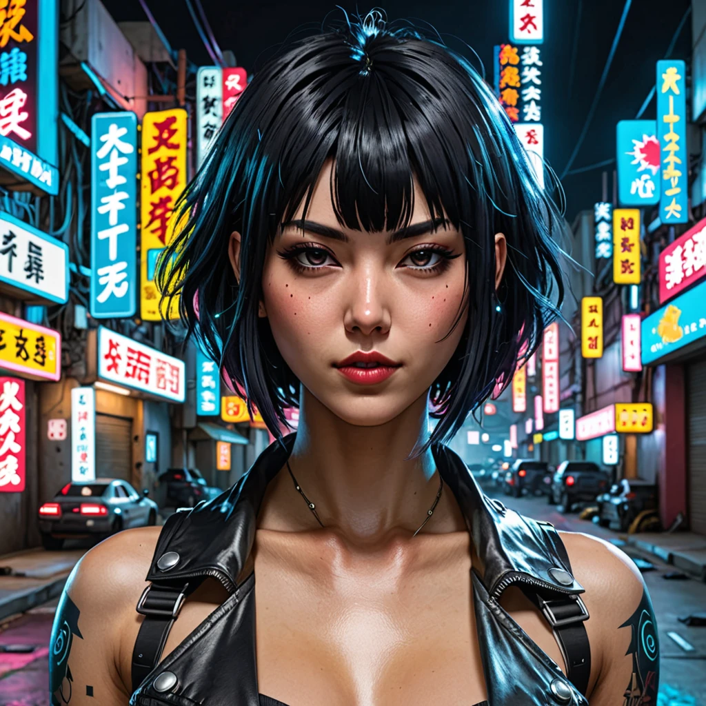  bangs down bob　Short, flashy hair。cyberpunk　dark night street　gun　 wild　female