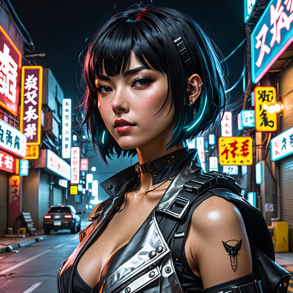  bangs down bob　Short, flashy hair。cyberpunk　dark night street　gun　 wild　female
