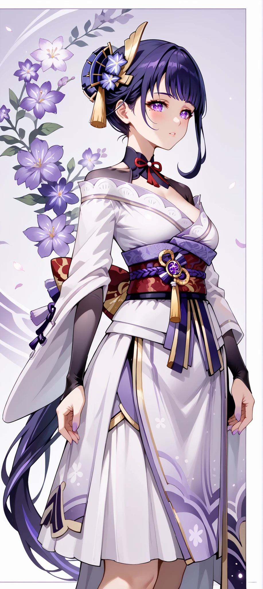 score_9, score_8_up, score_7_up, source_anime, 4K,perfect fingers,(perfect hands, perfect anatomy),prefect lighting, very aesthetic, intricate details,highly detailed background, masterpiece, high quality, best quality,
raidenshogun, raiden shogun, ((ponytail hair:1.5)), hair flower, hair ornament, long hair, mole, mole under eye, purple eyes, purple flower, purple hair, large breasts,,
wearing ((skirt, )),,
A sagging breast,