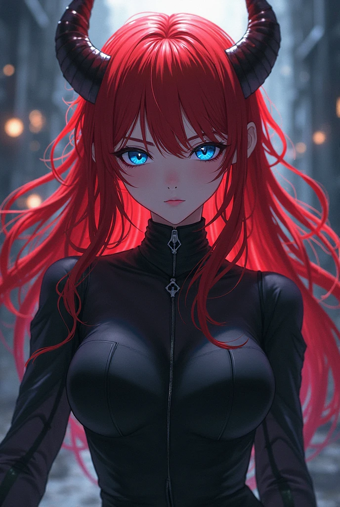 Anime-Character, of a young woman with red, cat-like ears. Her hair is long and dyed a rich dark red, which falls gently over her shoulders. Her eyes are large and shine in an intense yellow tone, which gives her a mysterious and at the same time determined expression. She wears a black, figure-hugging, of the leaders, tight-fitting top with stylish, cut out details, that emphasizes her slim figure. The character radiates a calm, but powerful presence, which, due to its cat-like features, also has a certain playfulness and wildness. It stands on a medieval courtyard in front of a castle