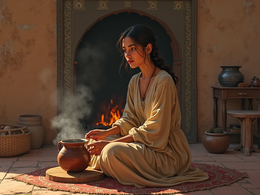 A young woman in simple Moroccan dress in a simple Moroccan house sitting in front of a boiling pot on the fire