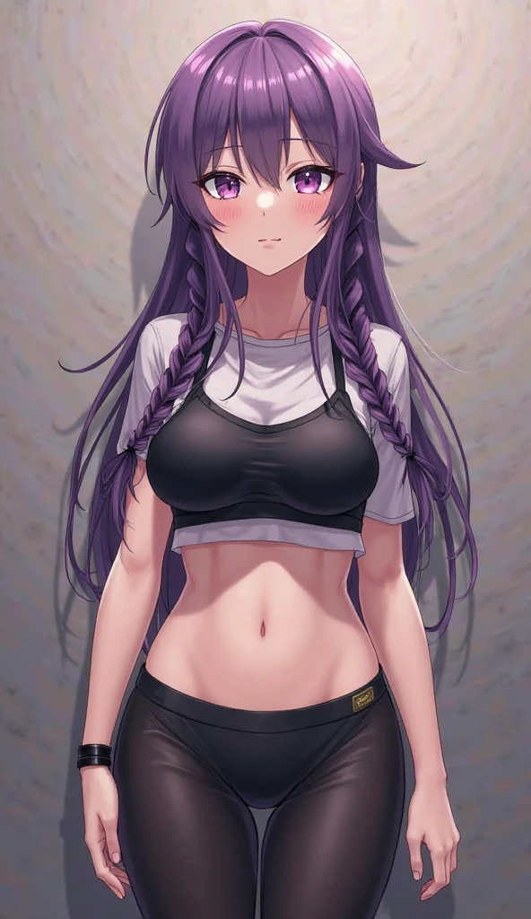 1cut off, very smooth skin, wearing a white t-shirt, a division of the looks, wearing pantyha very clear face, tangat backward, purple eyes, long hair, purple hair, bend, body,, best quality